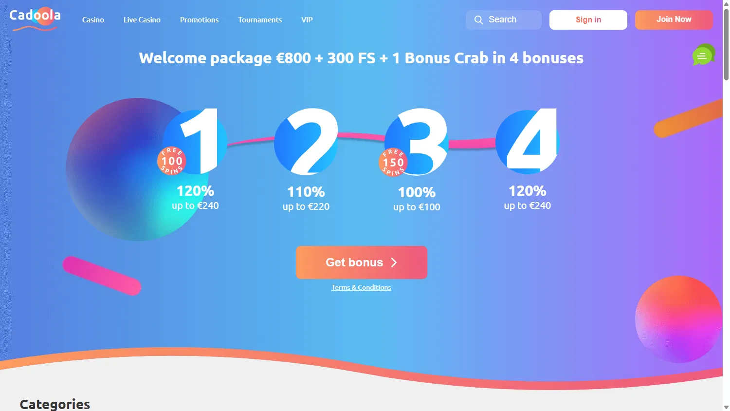 Cadoola Casino desktop home screen with casino access and account features