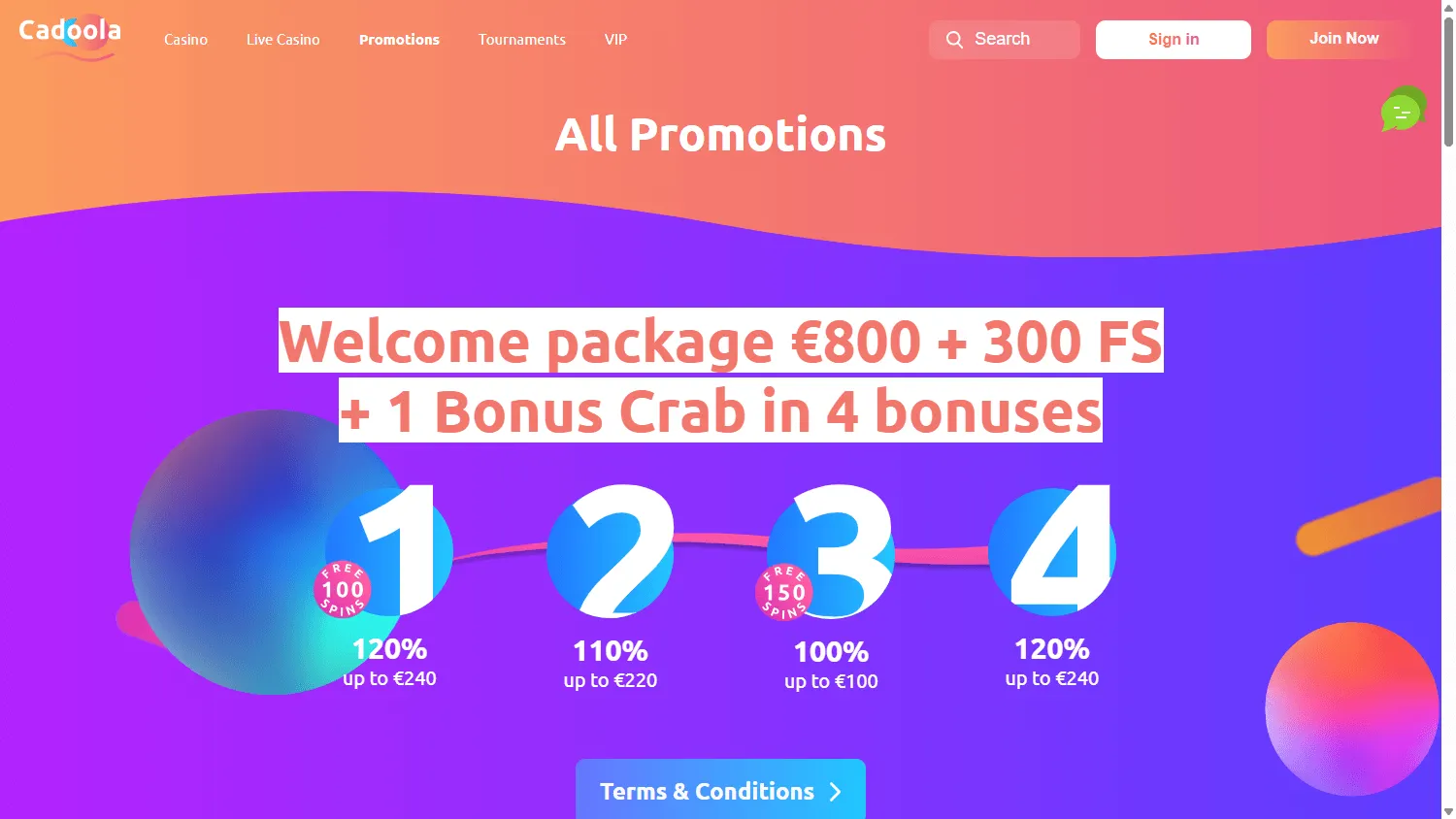 Cadoola Casino desktop promotions area with available casino offers
