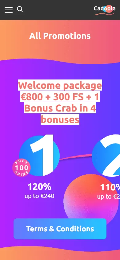 Cadoola Casino mobile browser promotions area on a smartphone